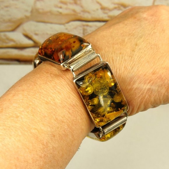 HEAVY AMBER 925 SILVER PANEL BRACELET 8", GIFT FOR HER or HIM - Picture 4 of 11